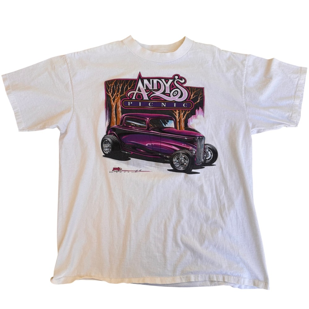 Vintage 90s Cars Hot Rod‎ Racing Graphic T-Shirt White Oneita XL Single Stitch